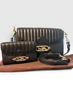 Coach Jade Quilted Leather Shoulder Bag + Matching Wallet Set Black 2733 Linear